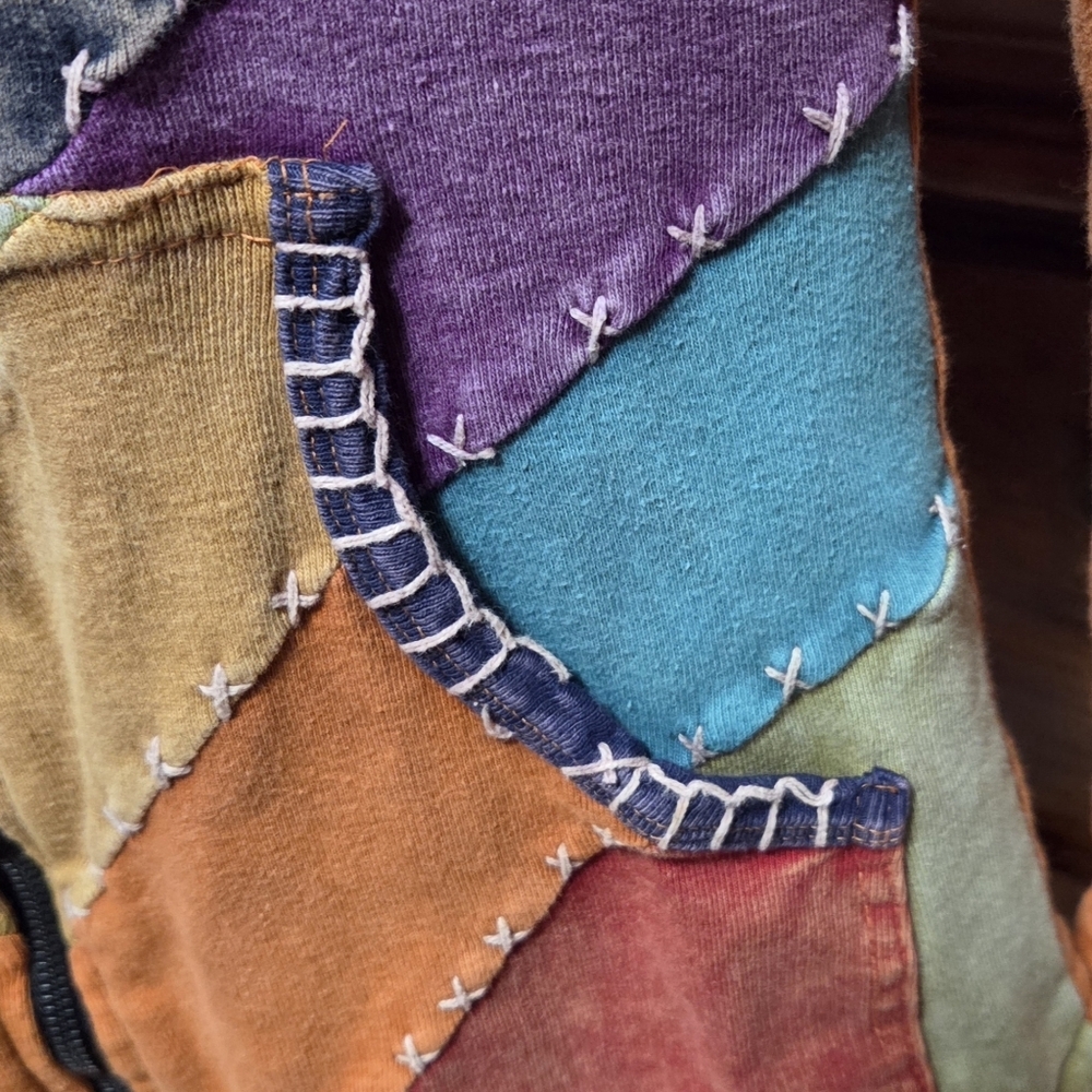 Colorful Patchwork Rainbow Cotton Full Zip Hoodie Made in Nepal Sizr Small - Picture 3 of 6